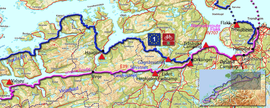 Radtour durch Norwegen entlang der Küste. Abschnitt von Valsøy nach