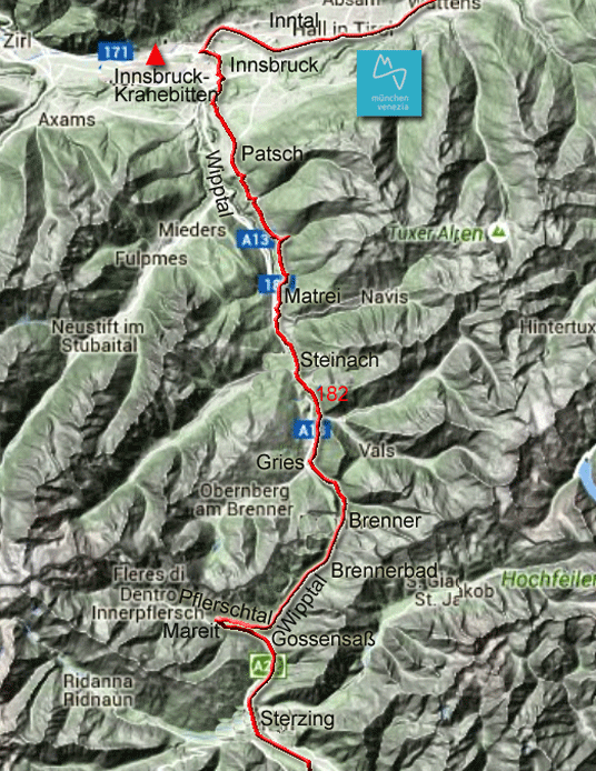 Radweg von München über den Brenner-Pass nach Venedig. Abschnitt von