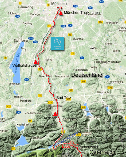 Karte zur Radtour von München nach Achenwald