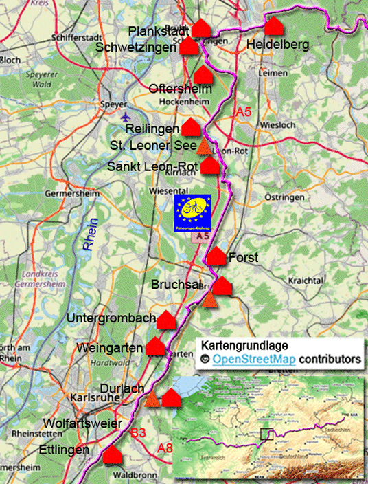 Karte zur Radtour von Ettlingen nach Heidelberg