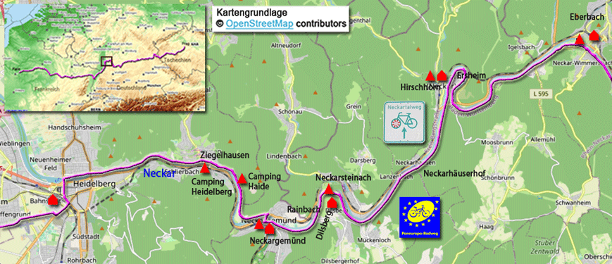Karte Paneuropa-Radweg von Heidelberg nach Eberbach