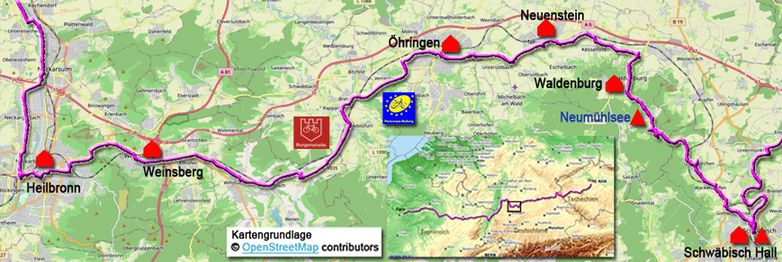 Karte Paneuropa-Radweg von Heilbronn nach Schwäbisch Hall