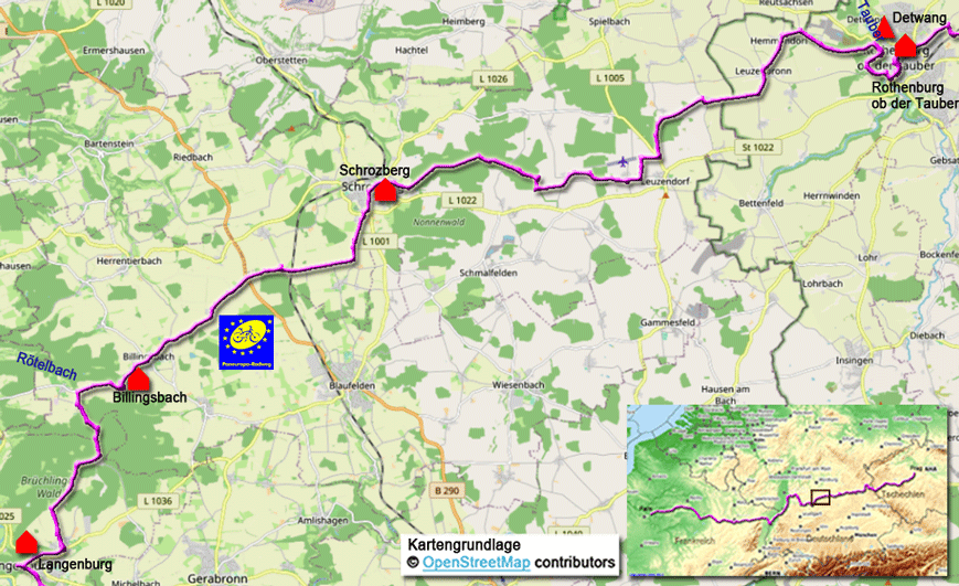 Karte zum Paneuropa-Radweg von Langenburg nach Rothenburg