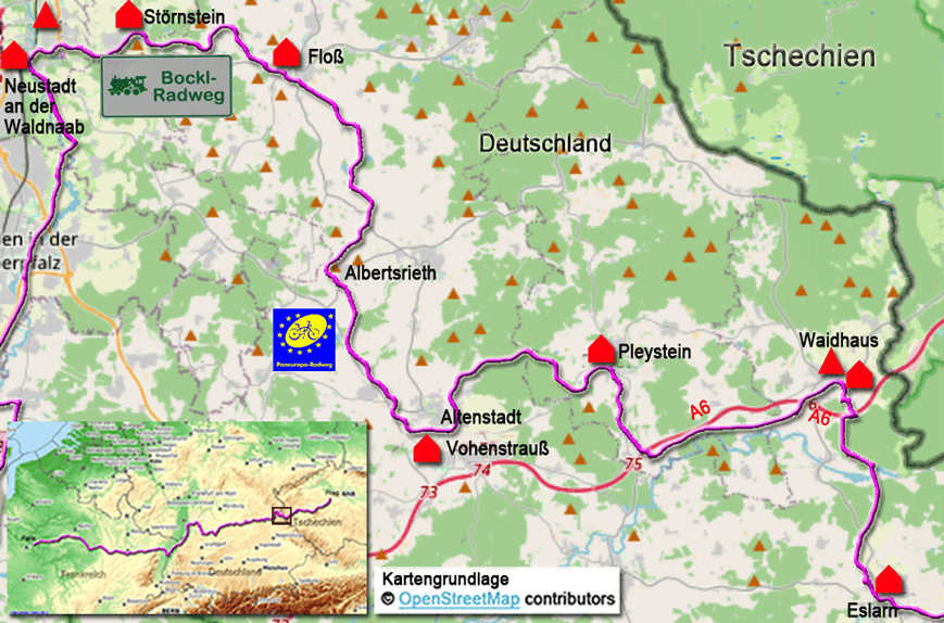 Karte zum Paneuropa-Radweg von Neustadt nach Eslarn