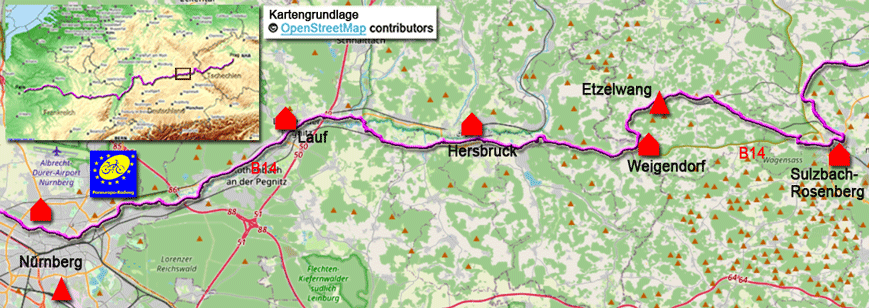 Karte zum Paneuropa-Radweg von Nürnberg nach Sulzbach-Rosenberg