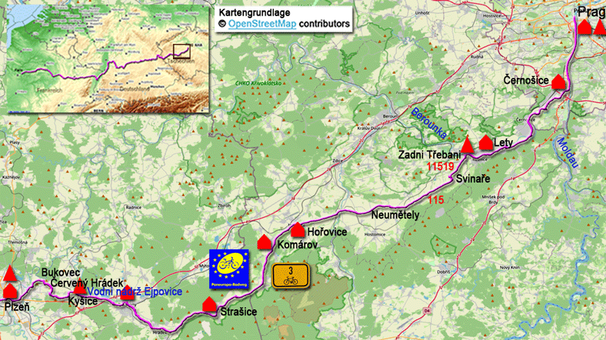 Karte zum Paneuropa-Radweg von Plzen nach Prag