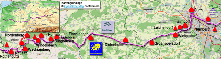 Karte zum Paneuropa-Radweg von Rothenburg nach Nürnberg