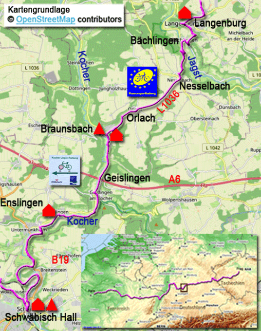 Karte zum Paneuropa-Radweg von Schwäbisch Hall nach Langenburg