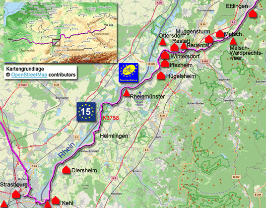 Karte zur Radtour von Straßburg nach Ettlingen