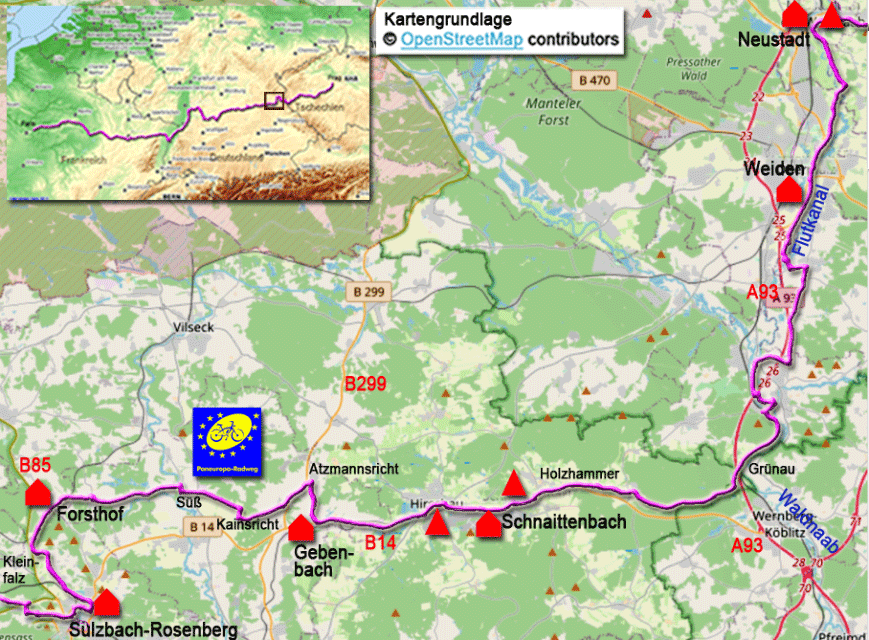 Karte zum Paneuropa-Radweg von Sulzbach-Rosenberg nach Neustadt