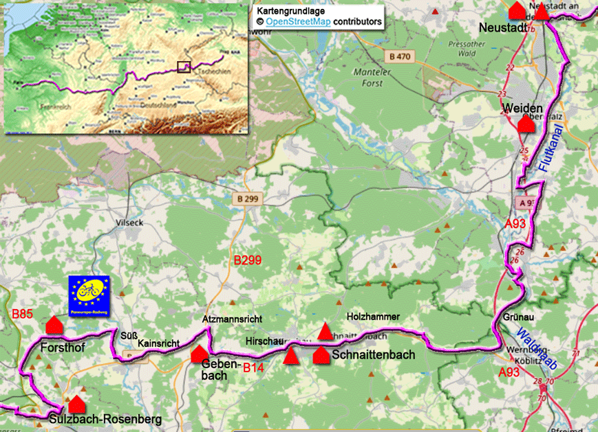 Karte zum Paneuropa-Radweg von Sulzbach-Rosenberg nach Neustadt