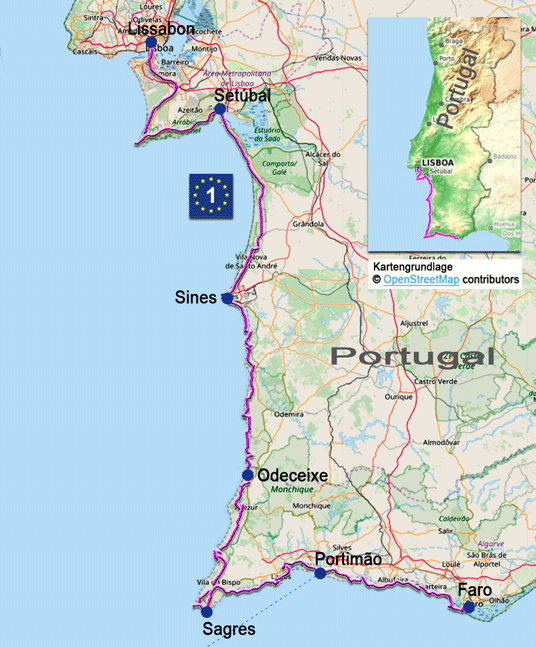 Karte zur Radtour über den Eurovelo 1 von Lissabon nach Faro