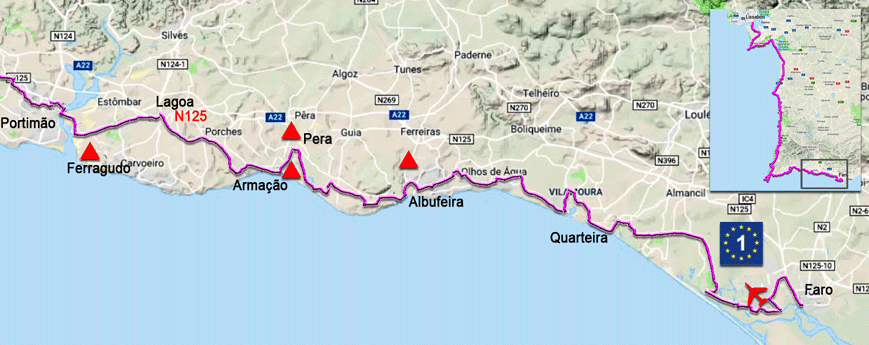 Karte zur Radtour von Portimão nach Faro