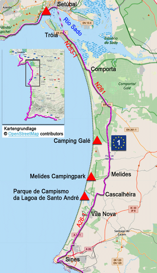 Karte zur Radtour auf dem Eurovelo 1 von Setúbal nach Sines