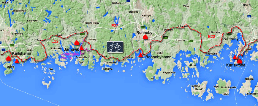 Karte zur Radtour von Karlskrona nach Karlshamn, Schweden