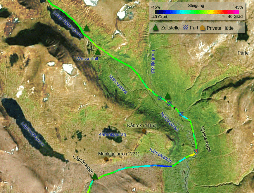 Route der Wanderung vom Låptåvagge durch das Njåtjosvagge zum Lulep Njåtjosjaure