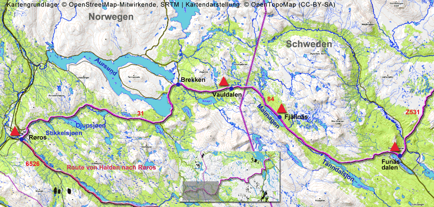 Karte zur Radtour von Røros nach Funäsdalen