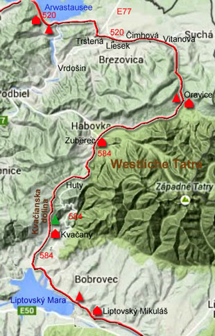Karte zur Radtour vom Arwa-Stausee nach Liptovský Mikuláš