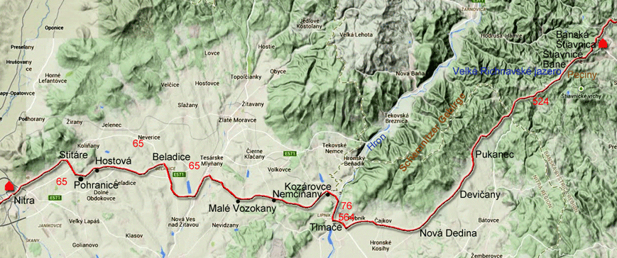 Karte zur Radtour von Banská Štiavnica nach Nitra