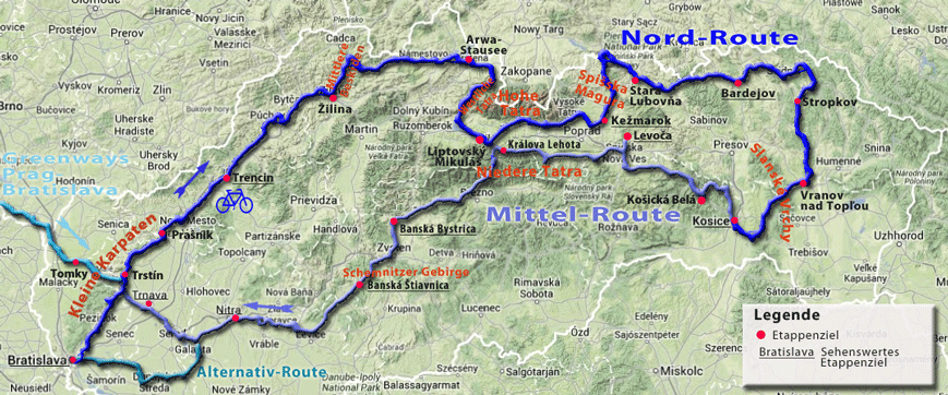 Übersichtskarte Radtour Bratislava-Kosice