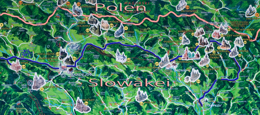Karte mit Kirchen in der Ostslowakei