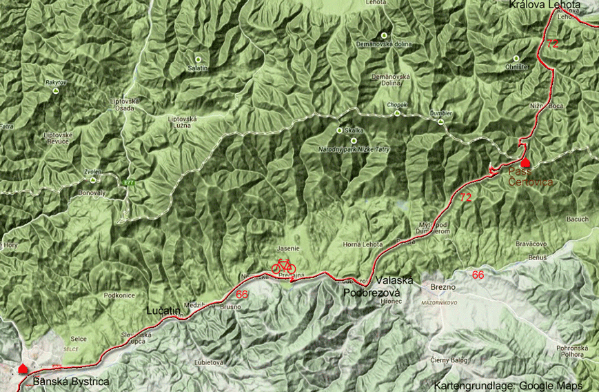 Karte zur Radtour von Král'ova Lehota bei Liptovský Hradok nach Banská Bystrica