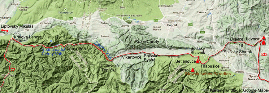 Karte zur Radtour von Levoča nach Králova Lehota bei Liptovský Hradok