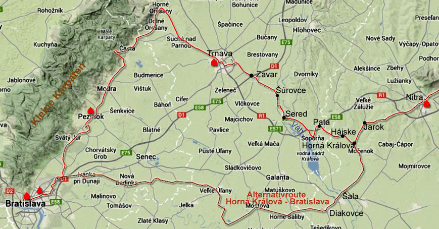 Karte zur Radtour von Nitra nach Bratislava