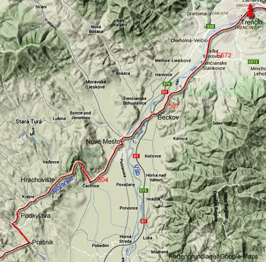 Karte zur Radtour von Praŝnik nach Trenĉín 