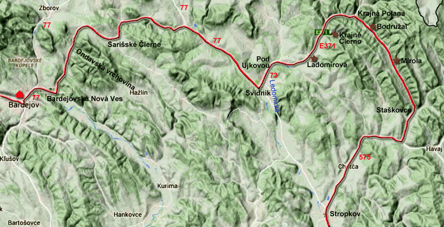 Karte zur Radtour von Bardejov nach Stropkov