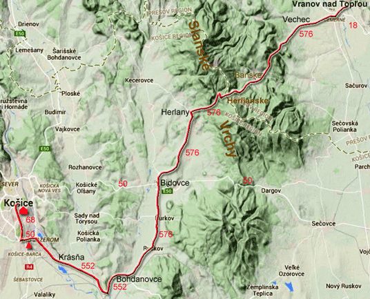 Karte zur Radtour von Vranov nad Topľou nach Košice