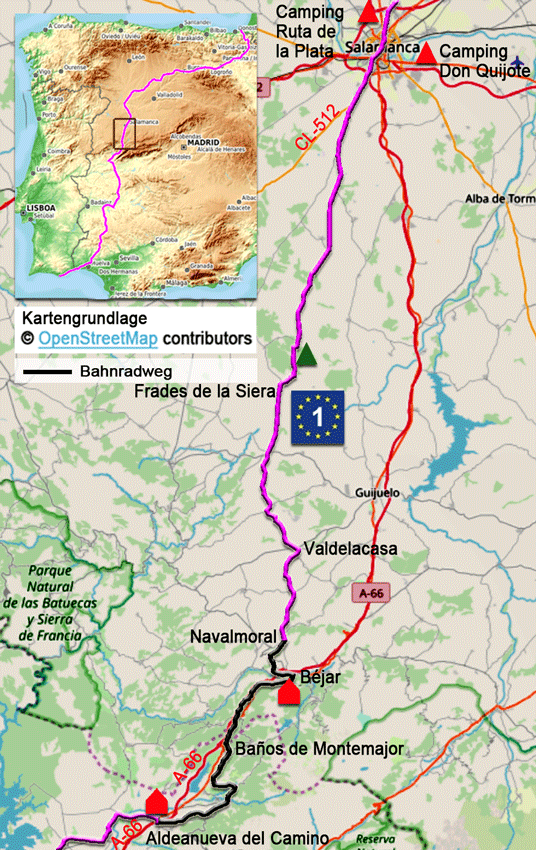 Karte zur Radtour auf dem Eurovelo 1 Aldeanueva del Camino nach Salamanca