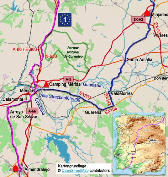 Karte zur Radtour auf dem Eurovelo 1 von Almendralejo nach Miajadas