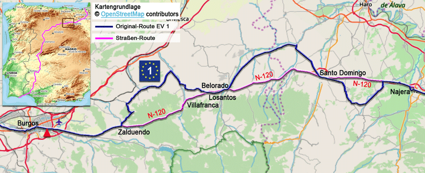 Karte zur Radtour auf dem Eurovelo 1 von Burgos nach Najera