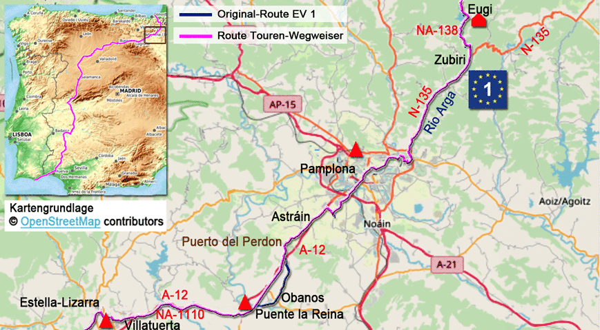 Karte zur Radtour auf dem Eurovelo 1 von Estella-Lizarra nach Eugi