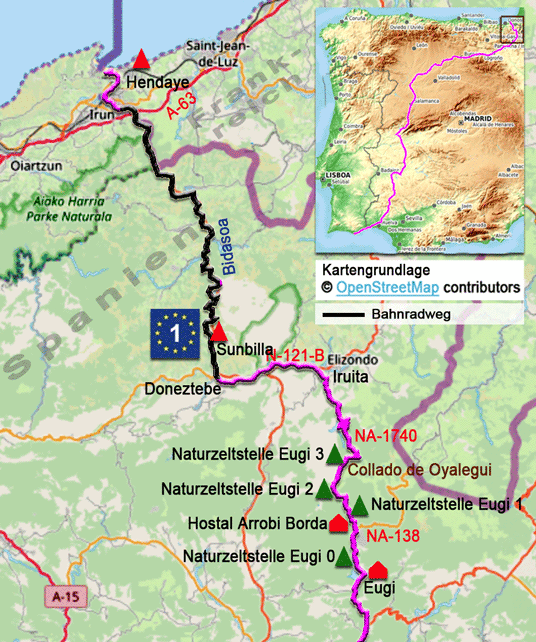 Karte zur Radtour auf dem Eurovelo 1 von Eugi nach Hendaye