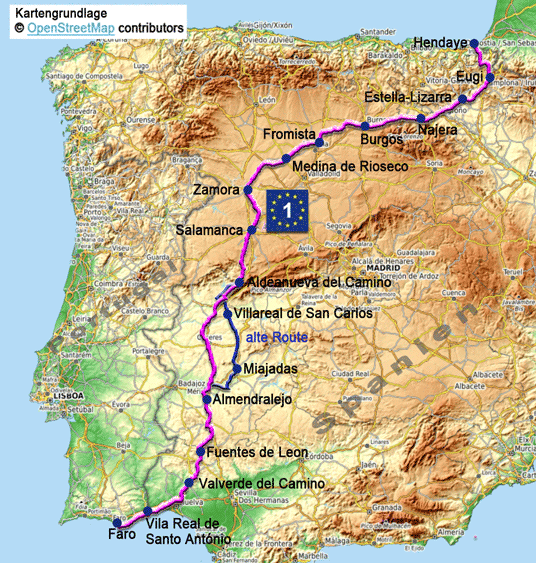 Karte zur Radtour über den Eurovelo 1 von Faro nach Hendaye