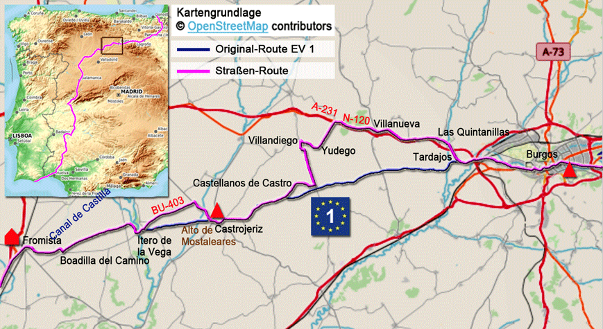 Karte zur Radtour auf dem Eurovelo 1 von Fromista nach Burgos