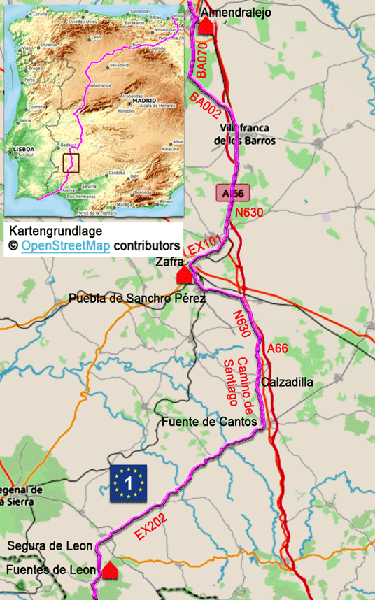 Karte zur Radtour auf dem Eurovelo 1 von Fuentes de Leon nach Almendralejo