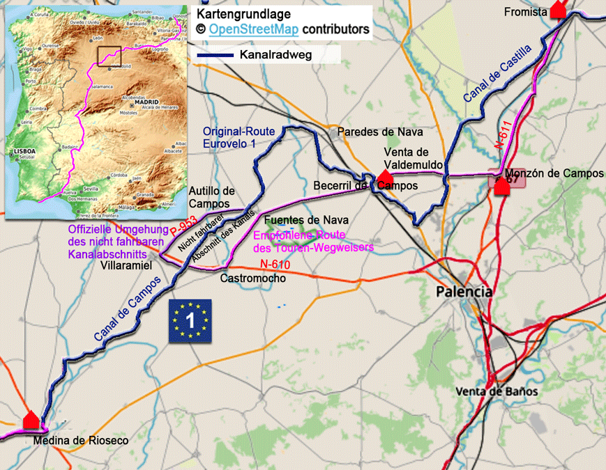 Karte zur Radtour auf dem Eurovelo 1 von Medina de Rioseco nach Fromista