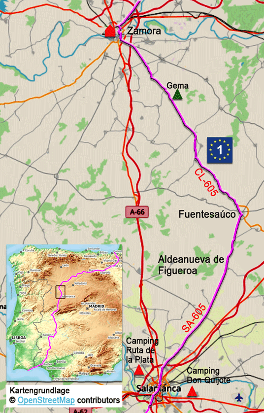 Karte zur Radtour auf dem Eurovelo 1 von Salamanca nach Zamora