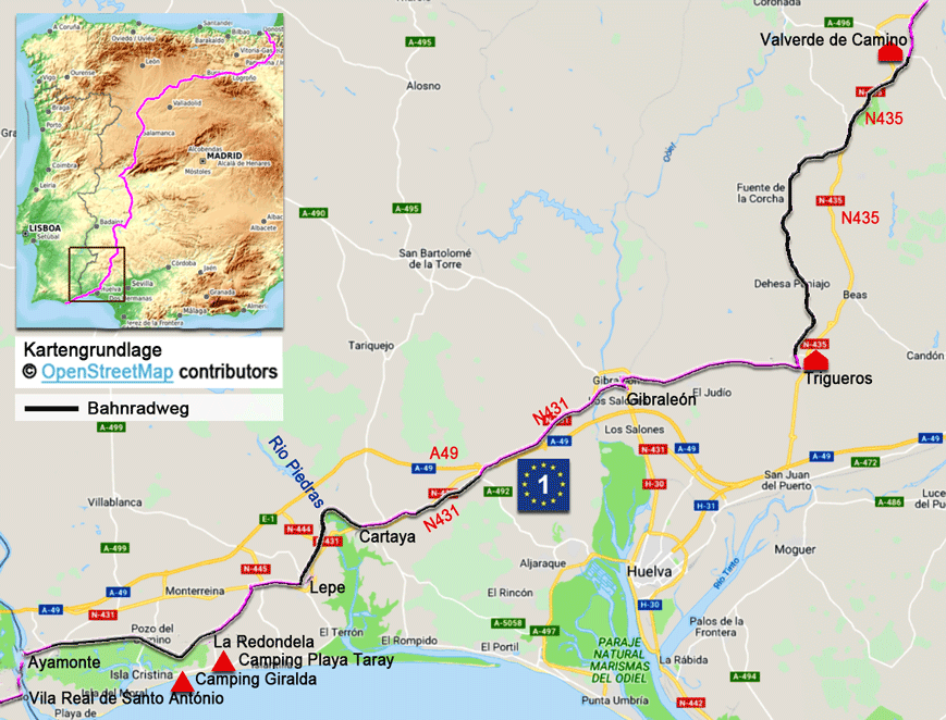 Karte zur Radtour auf dem Eurovelo 1 von Vila Real de Santo António nach Valverde del Camino