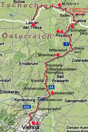 Karte Greenways von Laa an der Thaya nach Wien