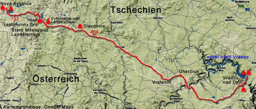 Karte Greenways von Nová Bystrice nach Vranov nad Dyji