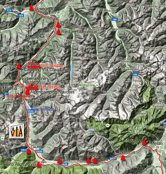 Karte zum Radweg Via Claudia Augusta von Landeck nach Meran