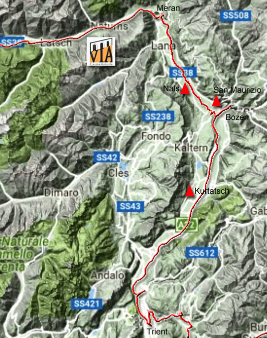 Karte zum Radweg Via Claudia Augusta von Meran nach Trient